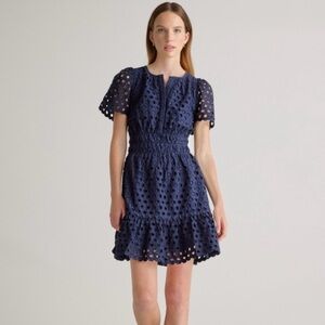 Quince Navy Eyelet Short Sleeve Smocked Mini Dress